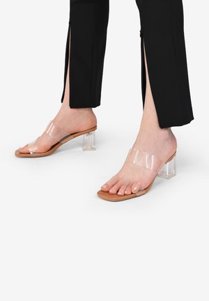 Sandalias de tacón bloque transparente con una tira superior transparente y una suela en tono marrón. El diseño presenta una puntera abierta y un estilo de calzado fácil de poner.