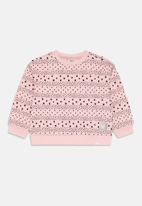 Rosa sweatshirt med svarte prikkete mønstre i horisontale striper, ribbede mansjetter og rund halslinning. Liten etikett på nederste venstre side.