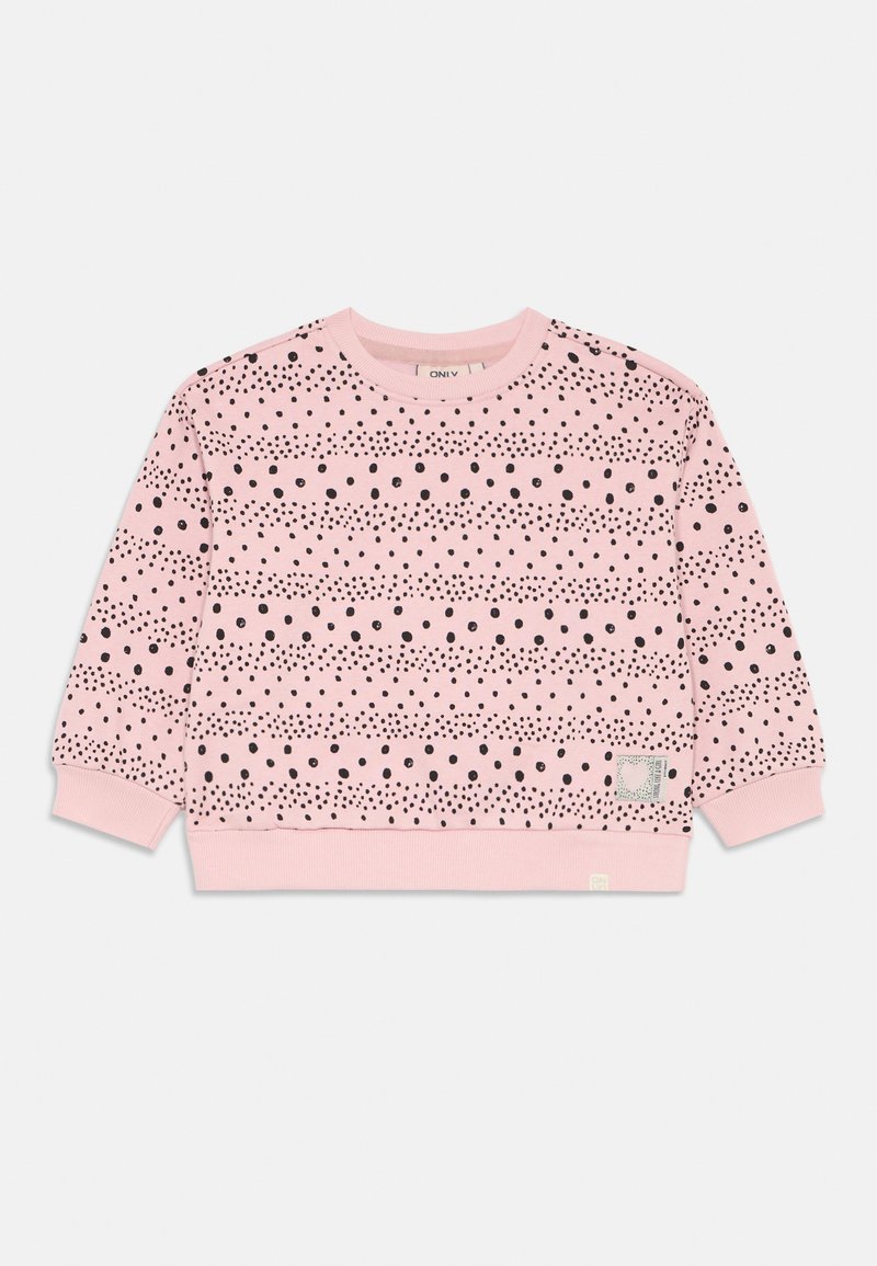 Rosa sweatshirt med svarte prikkete mønstre i horisontale striper, ribbede mansjetter og rund halslinning. Liten etikett på nederste venstre side.