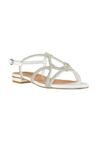 Sandali piatti bianchi con cinturini decorati, design open toe e tacco basso. Presentano una cinghia alla caviglia con fibbia per una vestibilità sicura.