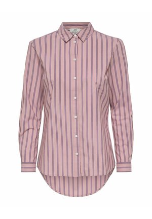 Pink long-sleeve button-up shirt with vertical blue and white stripes, pointed collar, and curved hem.