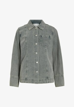 Hall halli teksajakk pikkade varrukatega, terava kraega, eest nupukinnitusega, vertikaalsete õmblustega ja ühe rinnataskuga valgel taustal.