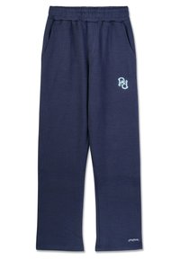 Marineblaue, gerippte Sweatpants mit einem elastischen Bund, seitlichen Taschen und einem hellblauen Logo an der Hüfte. Weiche Stofftextur.