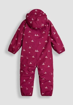 Bordo sniego kostiumas su kapišonu, puošiamas gėlių raštu ir mažais gyvūnų atspaudais. Elastingi rankogaliai ir kulkšnies angos, užtikrinančios tvirtą prigludimą.