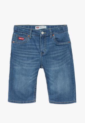 Blå Levi's 510 skinny denimshorts med lommer foran og bagpå, bæltestropper, knaplukning og rødt Levi's logo på møntlommen.