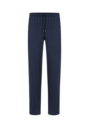 Granatowe dresy wykonane z miękkiego materiału, z elastycznym pasem w talii i sznurkiem do regulacji, prostym krojem nogawek oraz ściągaczami przy kostkach.