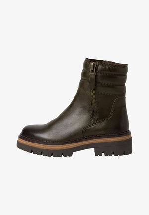 Dark green leather ankle boot with a side zipper, textured upper, and a rugged sole with a brown accent strip. Features stitched detailing.