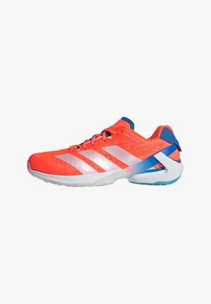 Bright orange athletic shoe with white Adidas stripes, blue heel support, and white sole, shown from side on white background.