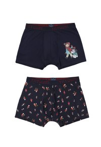 Két pár sötétkék boxer alsónadrág, az egyik medve és kutya grafikával, a másik pedig kis medvék és kutyák színes ruhákban mintázattal.