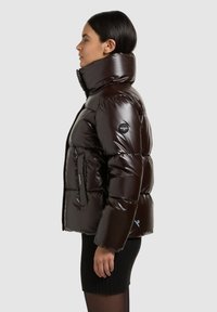 Brown puffer jacket with a high collar, glossy finish, zippered side pocket, and logo patch on the sleeve. Textured sleeves and hem.