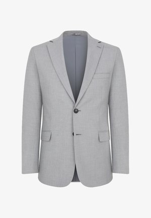 Jasnoszary blezer z klapami, pojedynczym zapięciem na guzik, jedną kieszenią na piersi i dwiema kieszeniami z przodu. Teksturowana tkanina z gładką podszewką.