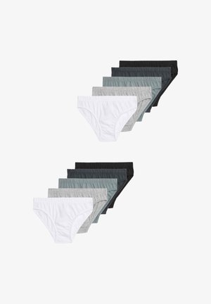 Conjuntos de cinco calzoncillos para hombre en blanco, gris, gris azulado, carbón y negro, dispuestos en dos filas escalonadas sobre fondo blanco.
