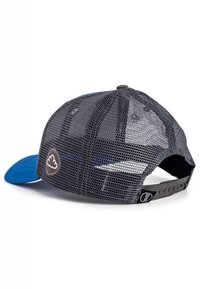 Blue and gray cap with a mesh back, curved brim, adjustable strap, and logo patch on the side. Textured mesh provides ventilation.