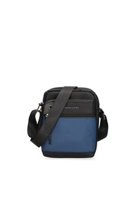 Borsa a spalla nera e blu realizzata in tessuto resistente, con un comparto con zip, tracolla regolabile e dettagli del logo sulla parte anteriore.