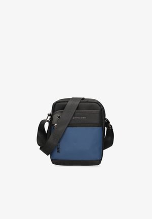 Borsa a spalla nera e blu realizzata in tessuto resistente, con un comparto con zip, tracolla regolabile e dettagli del logo sulla parte anteriore.