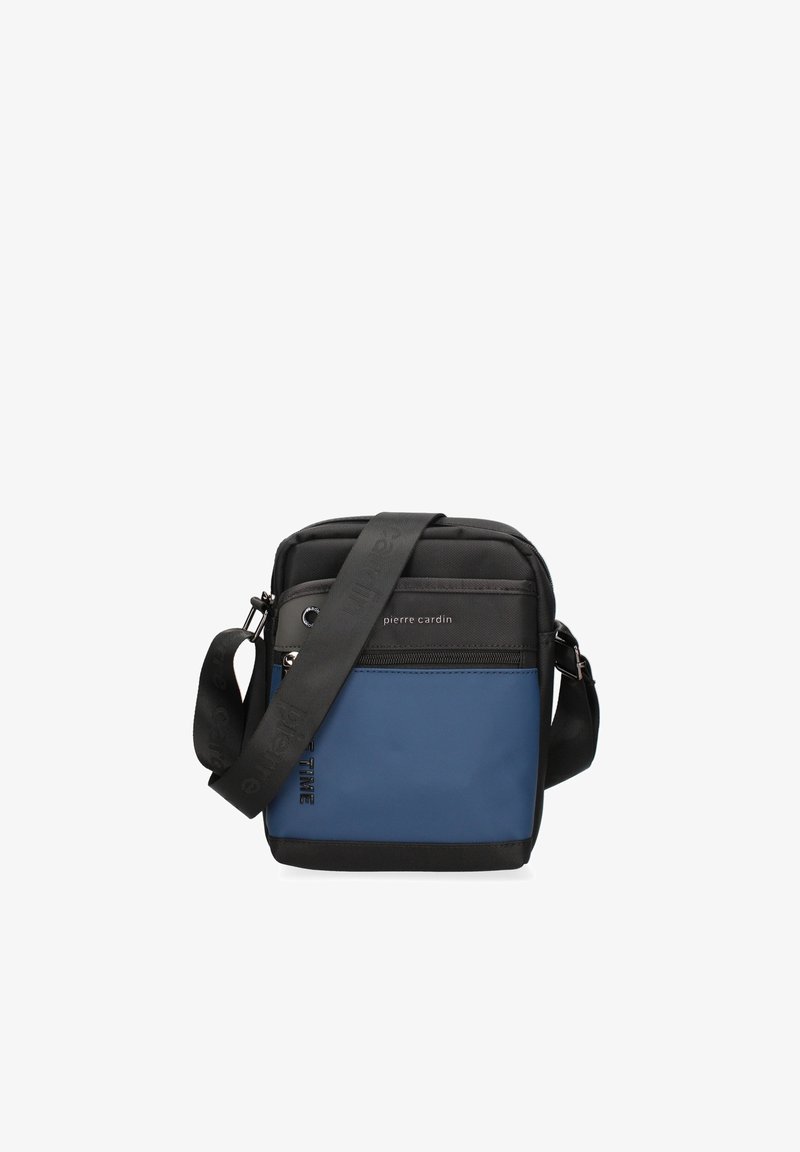 Borsa a spalla nera e blu realizzata in tessuto resistente, con un comparto con zip, tracolla regolabile e dettagli del logo sulla parte anteriore.