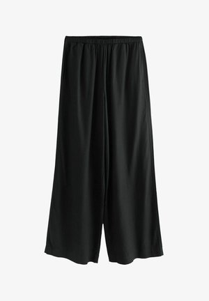 Černé široké kalhoty vyrobené z měkké látky s elastickým pasem. Vyznačují se volným střihem a rovnými nohavicemi, ideální pro volný čas.