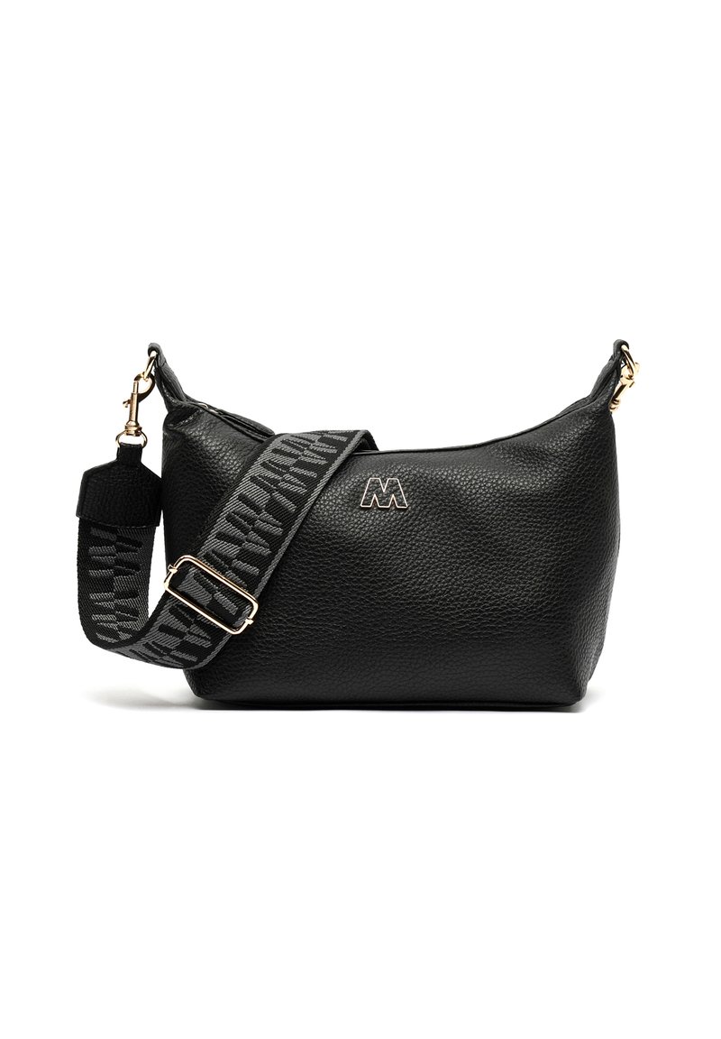 Sac à épaule en cuir noir avec finition texturée, présentant un détail en matériel doré et une bandoulière réglable à motif.