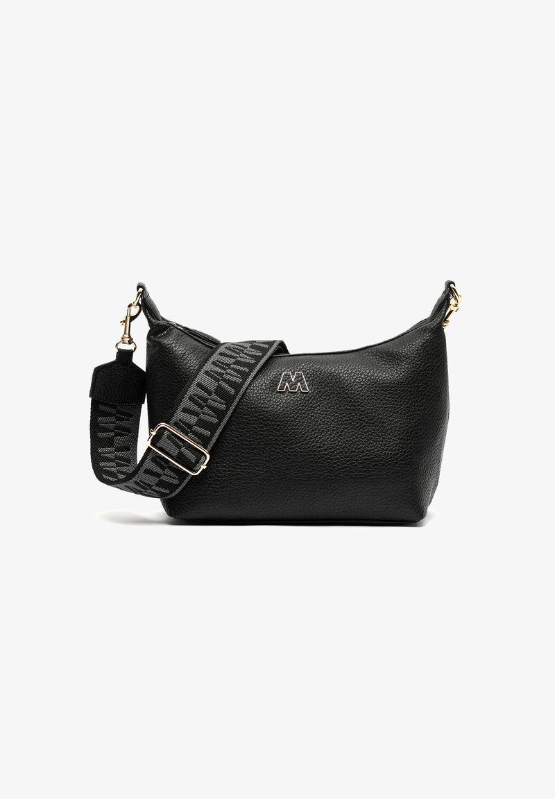 Borsa a spalla in pelle nera con finitura texture, dotata di dettagli in hardware dorato e di una tracolla regolabile con motivo.