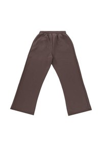 Braune weite Sweatpants mit elastischem Bund, flachem Stoffdesign, auf einem weißen Hintergrund liegend.