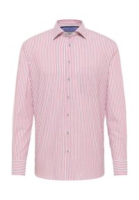 Camicia a maniche lunghe a righe rosse e bianche con colletto a punta, tasca frontale e polsini con bottoni; realizzata in un tessuto leggero.