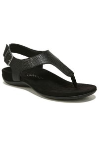 Zwarte teensandalen met een getextureerde leren bovenkant, achterste gespband en een gewatteerde zwarte suède binnenzool voor comfort. Plat zoolontwerp.
