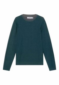 Dunkelgrüner Pullover mit Rundhalsausschnitt und langen Ärmeln, mit gerippten Bündchen und Saum, flach auf weißem Hintergrund ausgebreitet.
