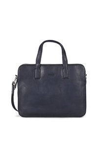 Navyleder-Laptoptasche mit zwei Obergriffen, einem abnehmbaren Schulterriemen und einem Reißverschluss. Glatte Textur und minimalistisches Design.