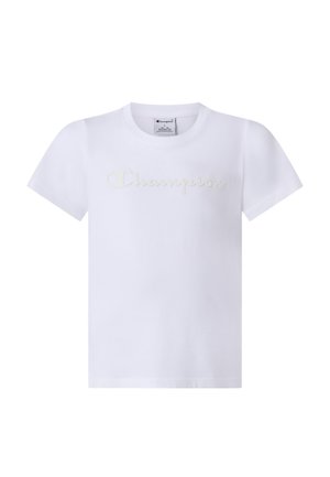Weißes T-Shirt mit kurzen Ärmeln, rundem Ausschnitt und dezent erhabenem Champion-Logo über der Brust.