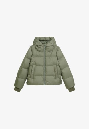 Oliwkowa puchowa kurtka z kapturem, wyposażona w przedni zamek błyskawiczny, dwie przednie kieszenie oraz ściągacze z dzianiny na rękawach dla dodatkowego ciepła i komfortu.