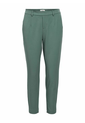 Pantalons fuselés en tissu vert discret avec une taille élastique, des poches avant et une texture lisse.