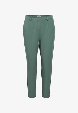 Schlanke Hosen aus einem gedämpften grünen Stoff mit einem elastischen Bund, seitlichen Taschen und einer glatten Textur.