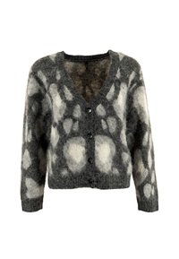 Grijze en witte gebreide cardigan, gemaakt van zacht, pluizig materiaal, met een V-hals, knopen aan de voorkant en lange mouwen.