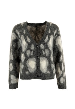 Cardigan grigio e bianco a motivo, realizzato in un morbido materiale peluche, con scollo a V, chiusura con bottoni e maniche lunghe.