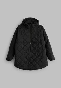 Black quilted hooded jacket with long sleeves and a front half-zip closure, displayed flat against a plain background.