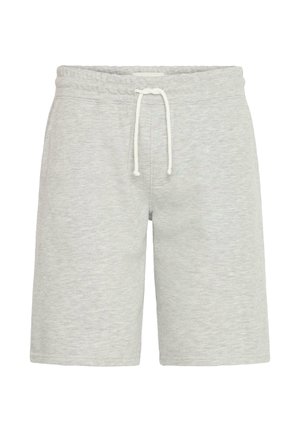 Vaaleanharmaat puuvillahousut, joissa on joustava vyötärö ja valkoinen nyöri. Sileä pinta, polvimittainen malli, ei näkyviä kuvioita tai tarvikkeita.