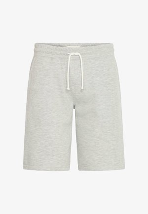 Vaaleanharmaat puuvillahousut, joissa on joustava vyötärö ja valkoinen nyöri. Sileä pinta, polvimittainen malli, ei näkyviä kuvioita tai tarvikkeita.