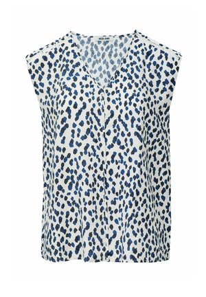 Blouse sans manches à col en V en tissu léger, avec une base blanche ornée d'un motif abstrait de pois bleus et noirs. Coupe ample, design décontracté.