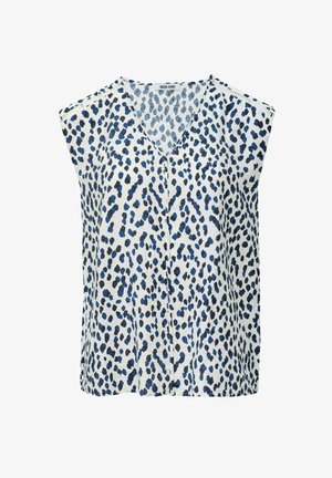 Blusa sin mangas con escote en V en tejido ligero que presenta una base blanca con un patrón abstracto de puntos en azul y negro. Corte holgado, diseño casual.
