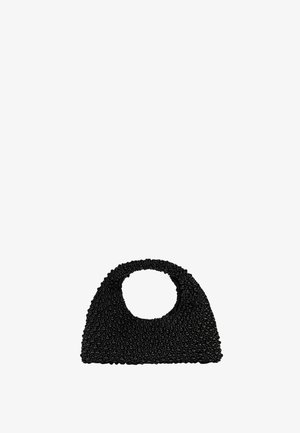 Small black handbag covered in round bead embellishments with a short, circular handle opening.