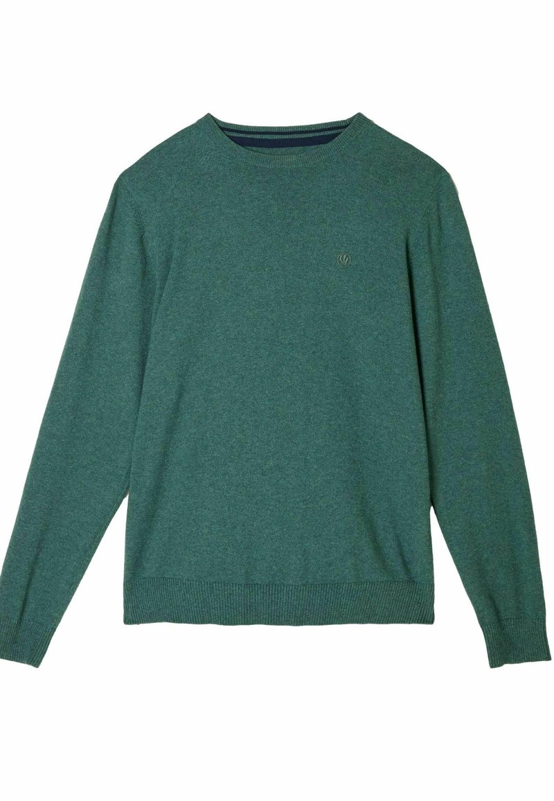 Grüner Pullover mit langen Ärmeln, Rundhalsausschnitt, geripptem Saum und Bündchen, mit einem dezenten Logo auf der Brust. Weicher, strukturierten Stoff.