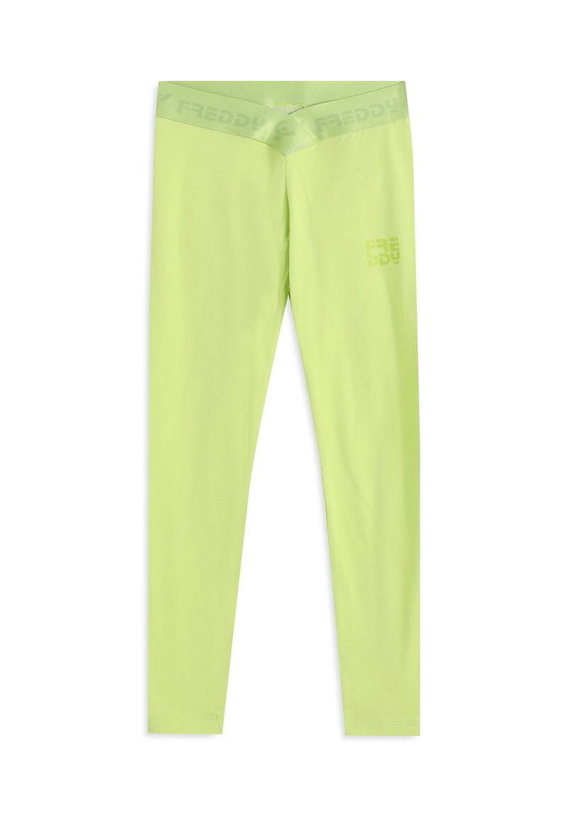 Leggings verde lima con una textura suave y cintura elástica que presenta el logo "FREDDY" en una impresión sutil.