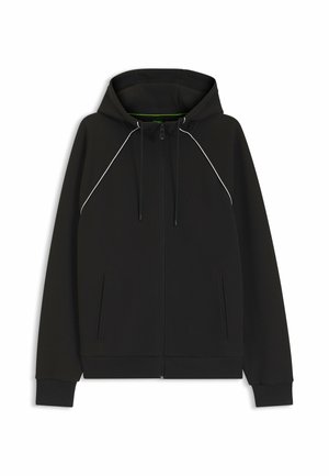Black zip-up hoodie with hood, drawstrings, two front pockets, ribbed cuffs, and subtle white piping along shoulder seams.