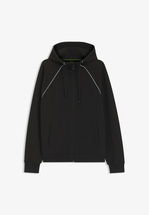 Black zip-up hoodie with hood, drawstrings, two front pockets, ribbed cuffs, and subtle white piping along shoulder seams.