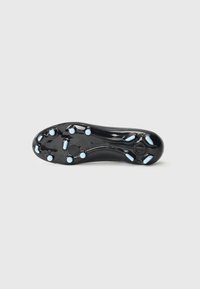 Black soccer cleat sole with a smooth surface and distinct pattern. Features eight blue studs for traction and a rounded heel.