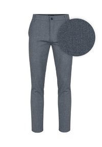 Szare dopasowane spodnie o slim fit, z teksturowanej tkaniny i niebieskim guzikiem. Szczegółowy wzór widoczny na wstawce.