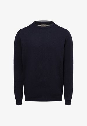 Navy blue knitted sweater, round neckline, long sleeves, ribbed cuffs and hem, subtle texture, small logo on chest.