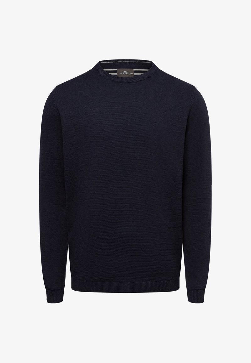 Dunkelblauer Strickpullover, runder Halsausschnitt, lange Ärmel, gerippte Manschetten und Saum, subtile Textur, kleines Logo auf der Brust.