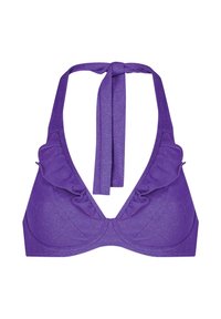 Top bikini viola con tessuto scintillante, bordo arricciato lungo la scollatura e chiusura a fiocco sul retro.