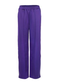 Paarse sportbroek met een elastische tailleband en zijnaad. Gemaakt van een gladde stof, met witte accenten langs de zijkanten.
